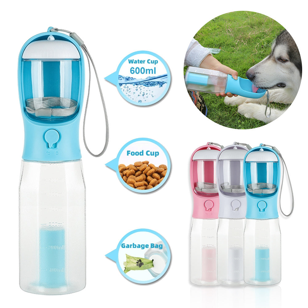 3-in-1 Leak-Proof Pet Water Bottle – Includes Food Feeder & Waste Bag Dispenser
