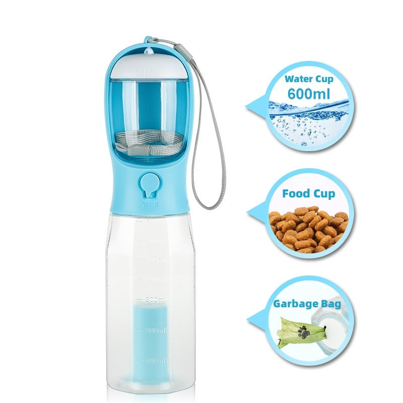 3-in-1 Leak-Proof Pet Water Bottle – Includes Food Feeder & Waste Bag Dispenser